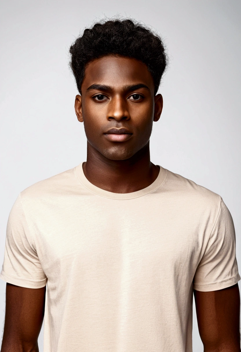 make a young dark-skinned man wearing a looser light beige t-shirt, A realistic photo, on a white studio background, the front part.