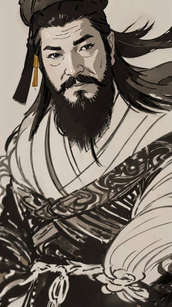 Monochrome,Oriental、Men in ancient Chinese costumes、(ancient chinese hairstyle male)、As seen in the Romance of the Three Kingdoms々military commander、Highest quality、masterpiece、Ultra-high resolution、(Realistic:1.4)、Game Poster、Crisp and beautiful image quality、beard、Embroidered cloth wrapped around a topknot、whole body ,((Skin of color, ),(Heavy Blackbeard):1.2), ( (Very detailed, bloom:1.5), (Highest quality, Concept Art, 4K), (analog:1.2), (high sharpness), (Detailed pupil:1.1), (Painting:1.1), (digital Painting:1.1), Detailed face and eyes, masterpiece, Highest quality, (Very detailed写真:1.1), 8K, photoRealistic, (Black Hair, Dynamic Short Hair), (PurerosFace_v1:0.2), [:(Detailed face:1.2):0.2], sharp, Realistic, Realistic Shadow, 