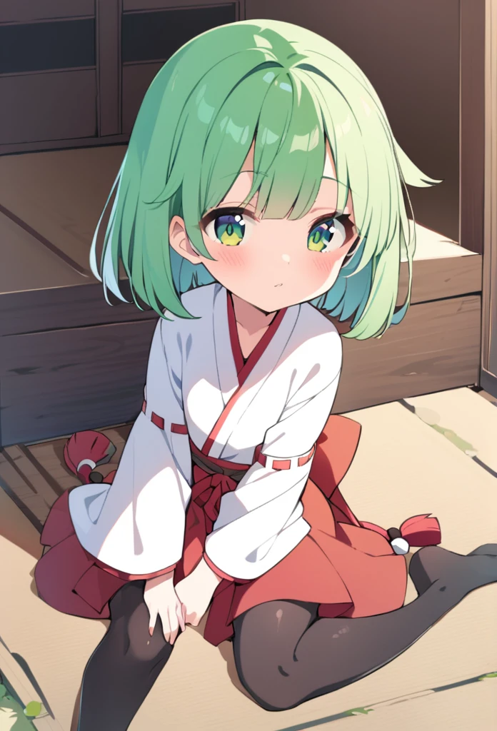 1 girl, cute, young, green hair, bob haircut, green eyes, miko clothes, black tights,