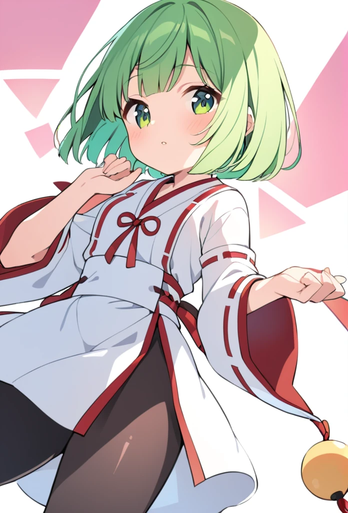 1 girl, cute, young, green hair, bob haircut, green eyes, miko clothes, black tights, 