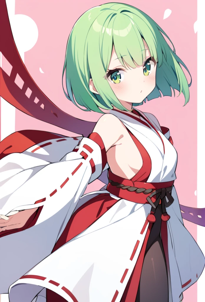 1 girl, cute, young, green hair, bob haircut, green eyes, miko clothes, black tights,
