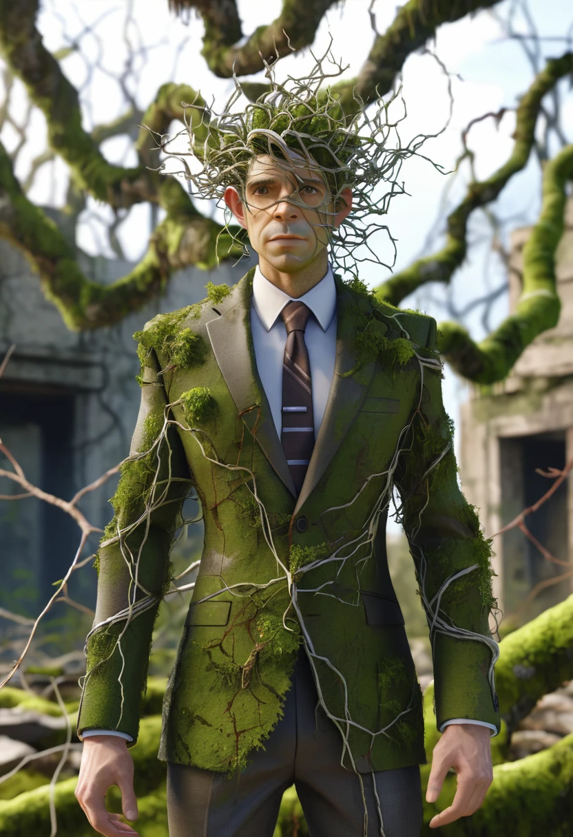 Bioengineered human-tree hybrid,look at viewer,Tangled branches for hair,bark surface,leaves spring from the body,Standing in the desolate ruins,There is moss and vines.,ultra realistic,high resolution,depth of field,about beauty,Product introduction images,wear a suit