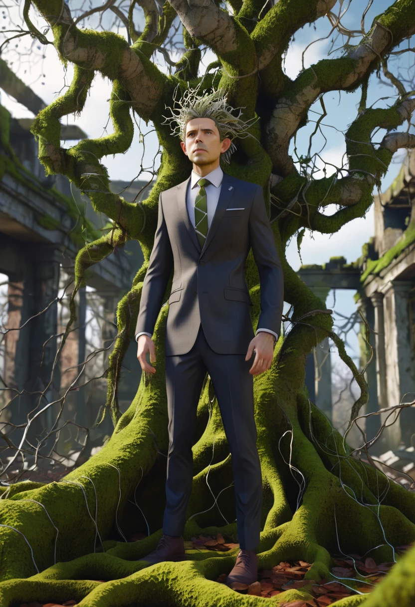 Bioengineered human-tree hybrid,look at viewer,Tangled branches for hair,bark surface,leaves spring from the body,Standing in the desolate ruins,There is moss and vines.,ultra realistic,high resolution,depth of field,about beauty,Product introduction images,wear a suit