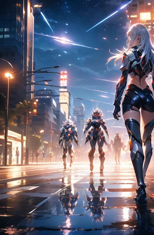 ((Kizi, mecha)), glare eyes, 精致的面容, damaged armor, mechanical aura, mechanical arm, White hair, long hair, ceramic body, Thigh clearance, breasts big, Network Background, Very cool city, (translucent, Reflective skin), 8K, best qualityer, super verbose, (Surrealism: 1.4),