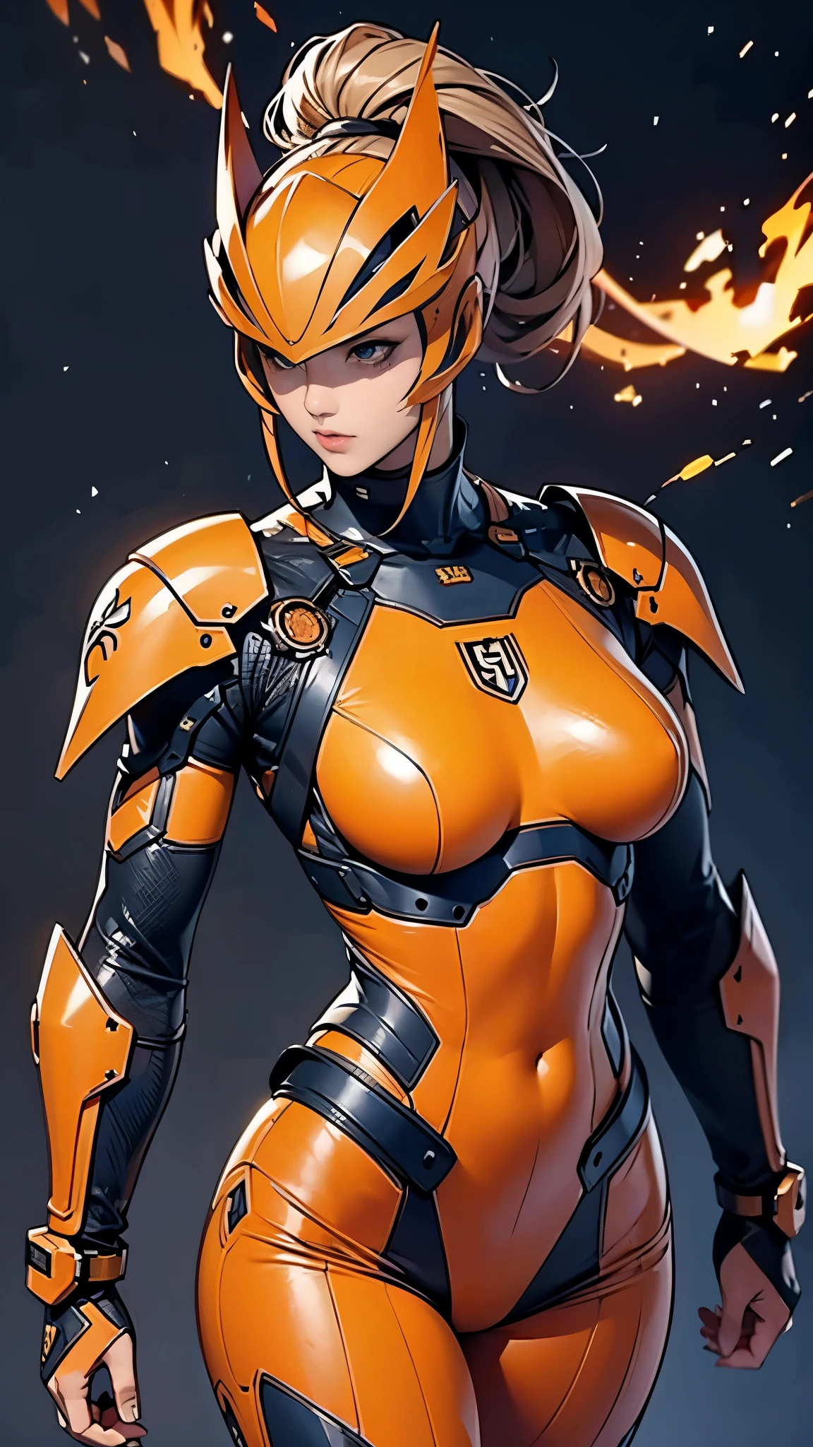 (masterpiece:1.2, Highest quality,High resolution,Very detailed),8K,wallpaper,(Very detailed),(Concept Art),(Armored Core Style),Woman in ninja robot armor,Random hairstyle,(Fire Ninja),(Orange body),(Fine grain:1.3),(Detailed face:1.3),(Detailed body:1.3),((Cowboy Shot)),(((The background is a blazing flame)))