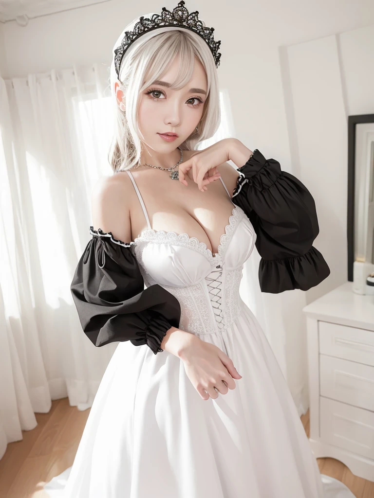 (maid_cosplay, breasts, puffy short sleeves, puffy sleeves, short sleeves, maid headdress, chain, frills, white gloves, cowboy shot, large breasts, pointy hair, gloves,gothic, gothic maid)、((Girly pose 1.8))、((Long curly hair:1.1))、Hands in front、Hold hands between legs、