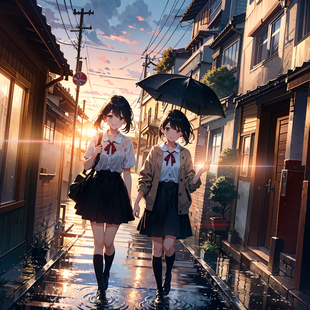 (Anime style illustrations with the best shots and epic and beautiful and very detailed in the best quality, perfect composition with the best angles and accurate depiction and accurate perspective, the best painting very detailed, in the best quality Highly detailed best texture, mild tones, soft focus, very high quality, very detailed: 1.2), BREAK, the girl has healthy and moist skin, beautiful face, beautiful black eyes, glossy lips, Highly detailed hair. Hairstyle and forehead, (young: 2.0), small breasts, and the most well-proportioned feminine body, very detailed and beautiful, BREAK, the cutest happy smile, walking with an umbrella, BREAK, costume is a with a white blouse and skirt, white knee socks and a red ribbon, and a very detailed and up-to-date BREAK, the scene is outdoors, rainy season and rainy day, city street and other passersby, rain falling and splash effects , light powder particle effect, lens flare and light diffusion effect, very detailed effect. and the latest