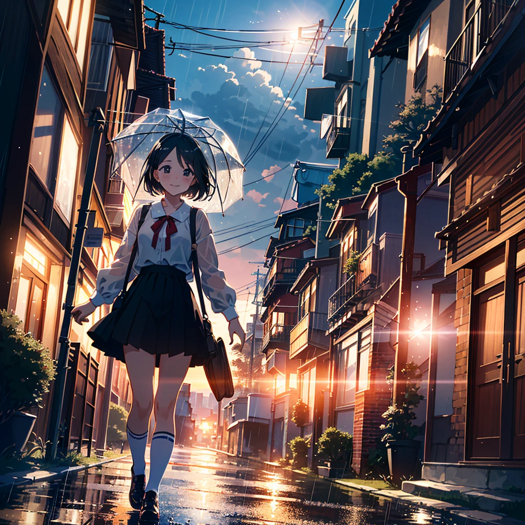 (Anime style illustrations with the best shots and epic and beautiful and very detailed in the best quality, perfect composition with the best angles and accurate depiction and accurate perspective, the best painting very detailed, in the best quality Highly detailed best texture, mild tones, soft focus, very high quality, very detailed: 1.2), BREAK, the girl has healthy and moist skin, beautiful face, beautiful black eyes, glossy lips, Highly detailed hair. Hairstyle and forehead, (young: 2.0), small breasts, and the most well-proportioned feminine body, very detailed and beautiful, BREAK, the cutest happy smile, walking with an umbrella, BREAK, costume is a with a white blouse and skirt, white knee socks and a red ribbon, and a very detailed and up-to-date BREAK, the scene is outdoors, rainy season and rainy day, city street and other passersby, rain falling and splash effects , light powder particle effect, lens flare and light diffusion effect, very detailed effect. and the latest