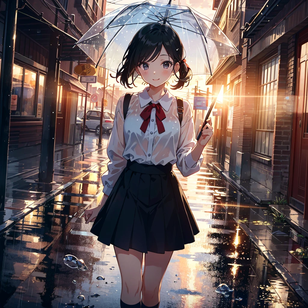 (Anime style illustrations with the best shots and epic and beautiful and very detailed in the best quality, perfect composition with the best angles and accurate depiction and accurate perspective, the best painting very detailed, in the best quality Highly detailed best texture, mild tones, soft focus, very high quality, very detailed: 1.2), BREAK, the girl has healthy and moist skin, beautiful face, beautiful black eyes, glossy lips, Highly detailed hair. Hairstyle and forehead, (young: 2.0), small breasts, and the most well-proportioned feminine body, very detailed and beautiful, BREAK, the cutest happy smile, walking with an umbrella, BREAK, costume is a with a white blouse and skirt, white knee socks and a red ribbon, and a very detailed and up-to-date BREAK, the scene is outdoors, rainy season and rainy day, city street and other passersby, rain falling and splash effects , light powder particle effect, lens flare and light diffusion effect, very detailed effect. and the latest