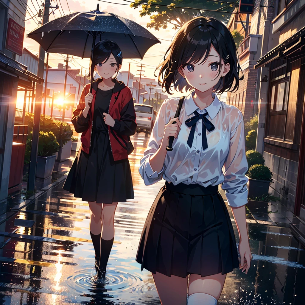 (Anime style illustrations with the best shots and epic and beautiful and very detailed in the best quality, perfect composition with the best angles and accurate depiction and accurate perspective, the best painting very detailed, in the best quality Highly detailed best texture, mild tones, soft focus, very high quality, very detailed: 1.2), BREAK, the girl has healthy and moist skin, beautiful face, beautiful black eyes, glossy lips, Highly detailed hair. Hairstyle and forehead, (young: 2.0), small breasts, and the most well-proportioned feminine body, very detailed and beautiful, BREAK, the cutest happy smile, walking with an umbrella, BREAK, costume is a with a white blouse and skirt, white knee socks and a red ribbon, and a very detailed and up-to-date BREAK, the scene is outdoors, rainy season and rainy day, city street and other passersby, rain falling and splash effects , light powder particle effect, lens flare and light diffusion effect, very detailed effect. and the latest