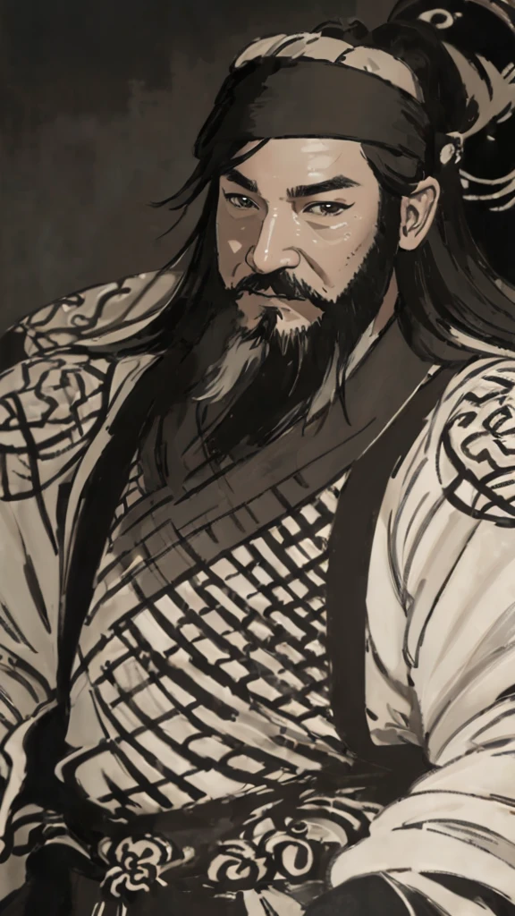 Monochrome,Oriental、Men in ancient Chinese costumes、(ancient chinese hairstyle male)、As seen in the Romance of the Three Kingdoms々military commander、Highest quality、masterpiece、Ultra-high resolution、(Realistic:1.4)、Game Poster、Crisp and beautiful image quality、beard、Embroidered cloth wrapped around a topknot、whole body ,((Skin of color, ),(Heavy Blackbeard):1.2), ( (Very detailed, bloom:1.5), (Highest quality, Concept Art, 4K), (analog:1.2), (high sharpness), (Detailed pupil:1.1), (Painting:1.1), (digital Painting:1.1), Detailed face and eyes, masterpiece, Highest quality, (Very detailed写真:1.1), 8K, photoRealistic, (Black Hair, Dynamic Short Hair), (PurerosFace_v1:0.2), [:(Detailed face:1.2):0.2], sharp, Realistic, Realistic Shadow, 