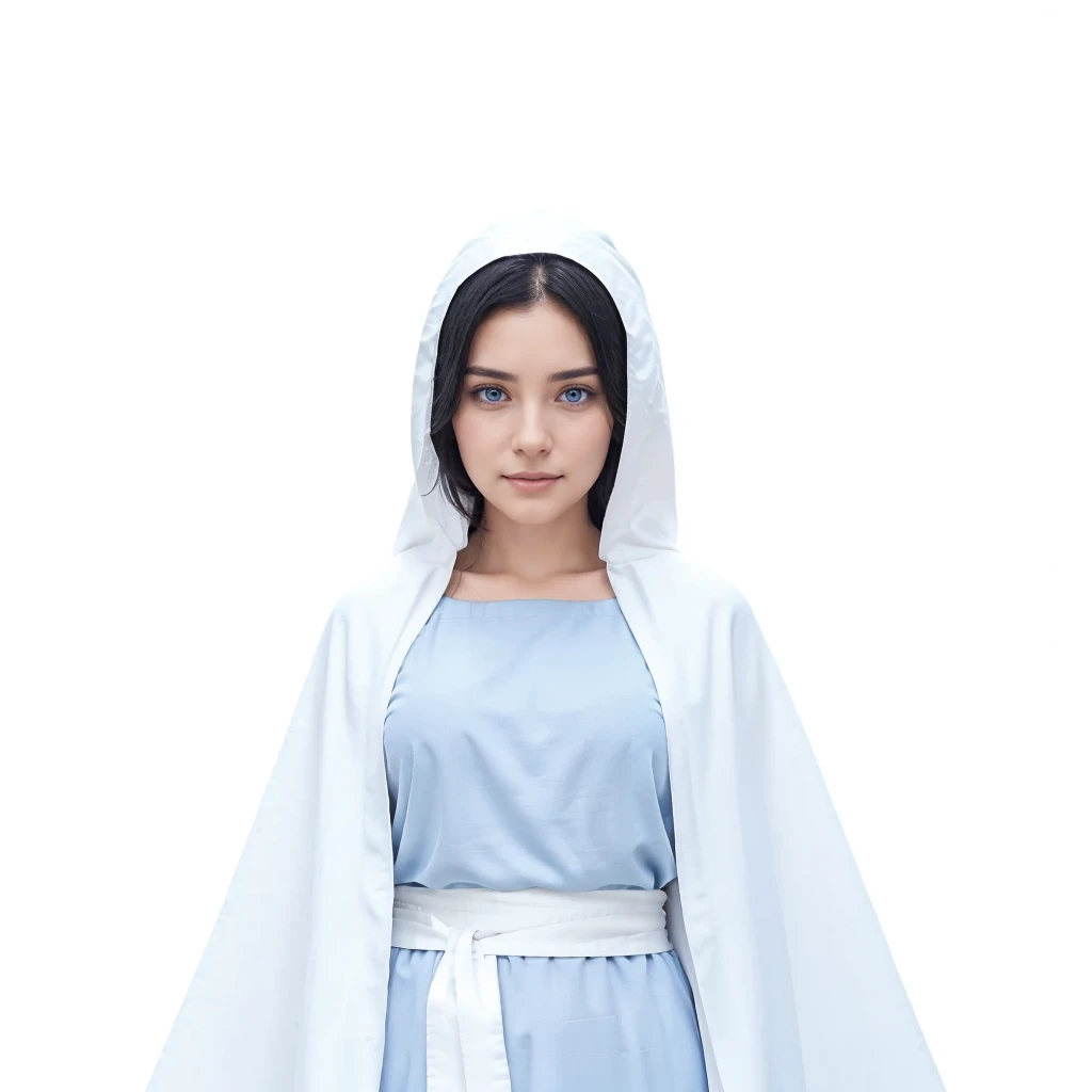 Beautiful woman with light blue eyes, black hair, serene face with a slight smile, wears a white cloak, wears a gray tunic with wide, long sleeves adjusted at the waist by a white sash.