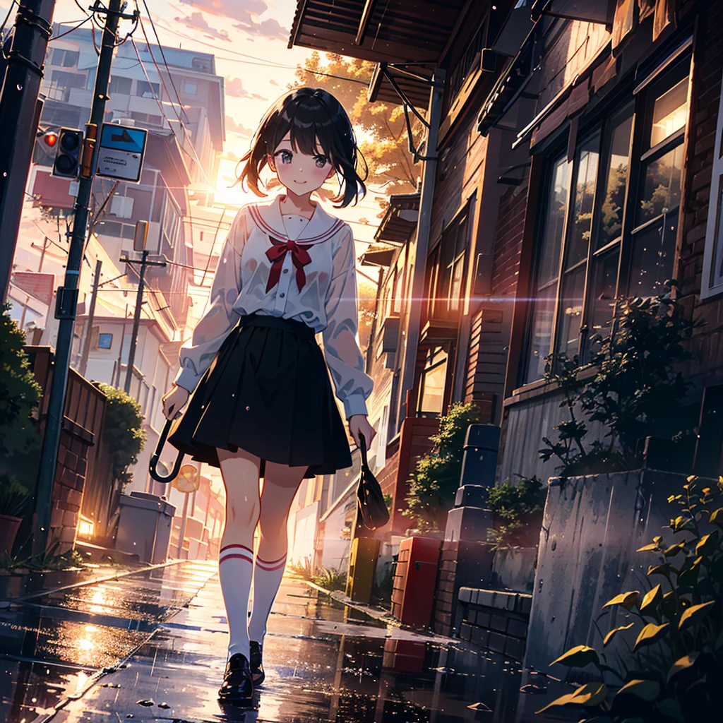 (Anime style illustrations with the best shots and epic and beautiful and very detailed in the best quality, perfect composition with the best angles and accurate depiction and accurate perspective, the best painting very detailed, in the best quality Highly detailed best texture, mild tones, soft focus, very high quality, very detailed: 1.2), BREAK, the girl has healthy and moist skin, beautiful face, beautiful black eyes, glossy lips, Highly detailed hair. Hairstyle and forehead, (young: 2.0), small breasts, and the most well-proportioned feminine body, very detailed and beautiful, BREAK, the cutest happy smile, walking with an umbrella, BREAK, costume is a with a white blouse and skirt, white knee socks and a red ribbon, and a very detailed and up-to-date BREAK, the scene is outdoors, rainy season and rainy day, city street and other passersby, rain falling and splash effects , light powder particle effect, lens flare and light diffusion effect, very detailed effect. and the latest