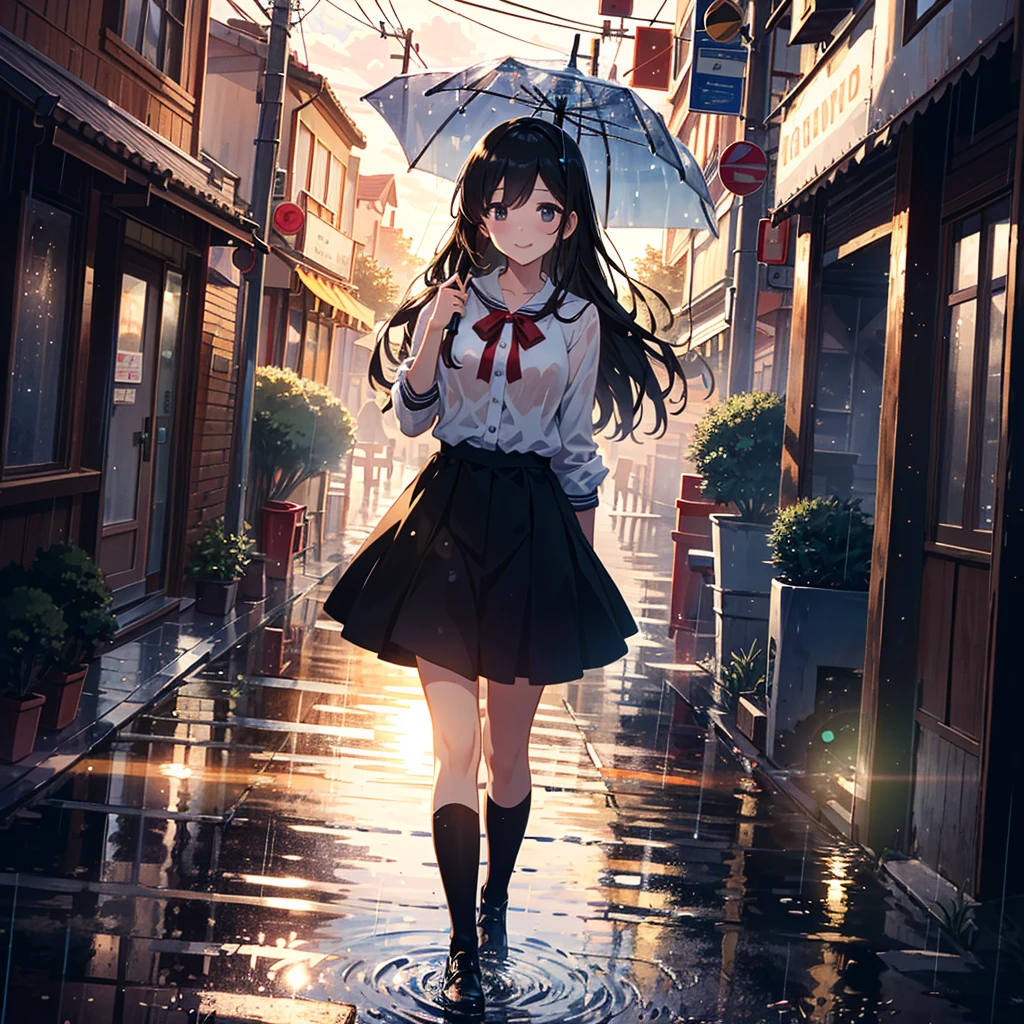(Anime style illustrations with the best shots and epic and beautiful and very detailed in the best quality, perfect composition with the best angles and accurate depiction and accurate perspective, the best painting very detailed, in the best quality Highly detailed best texture, mild tones, soft focus, very high quality, very detailed: 1.2), BREAK, the girl has healthy and moist skin, beautiful face, beautiful black eyes, glossy lips, Highly detailed hair. Hairstyle and forehead, (young: 2.0), small breasts, and the most well-proportioned feminine body, very detailed and beautiful, BREAK, the cutest happy smile, walking with an umbrella, BREAK, costume is a with a white blouse and skirt, white knee socks and a red ribbon, and a very detailed and up-to-date BREAK, the scene is outdoors, rainy season and rainy day, city street and other passersby, rain falling and splash effects , light powder particle effect, lens flare and light diffusion effect, very detailed effect. and the latest