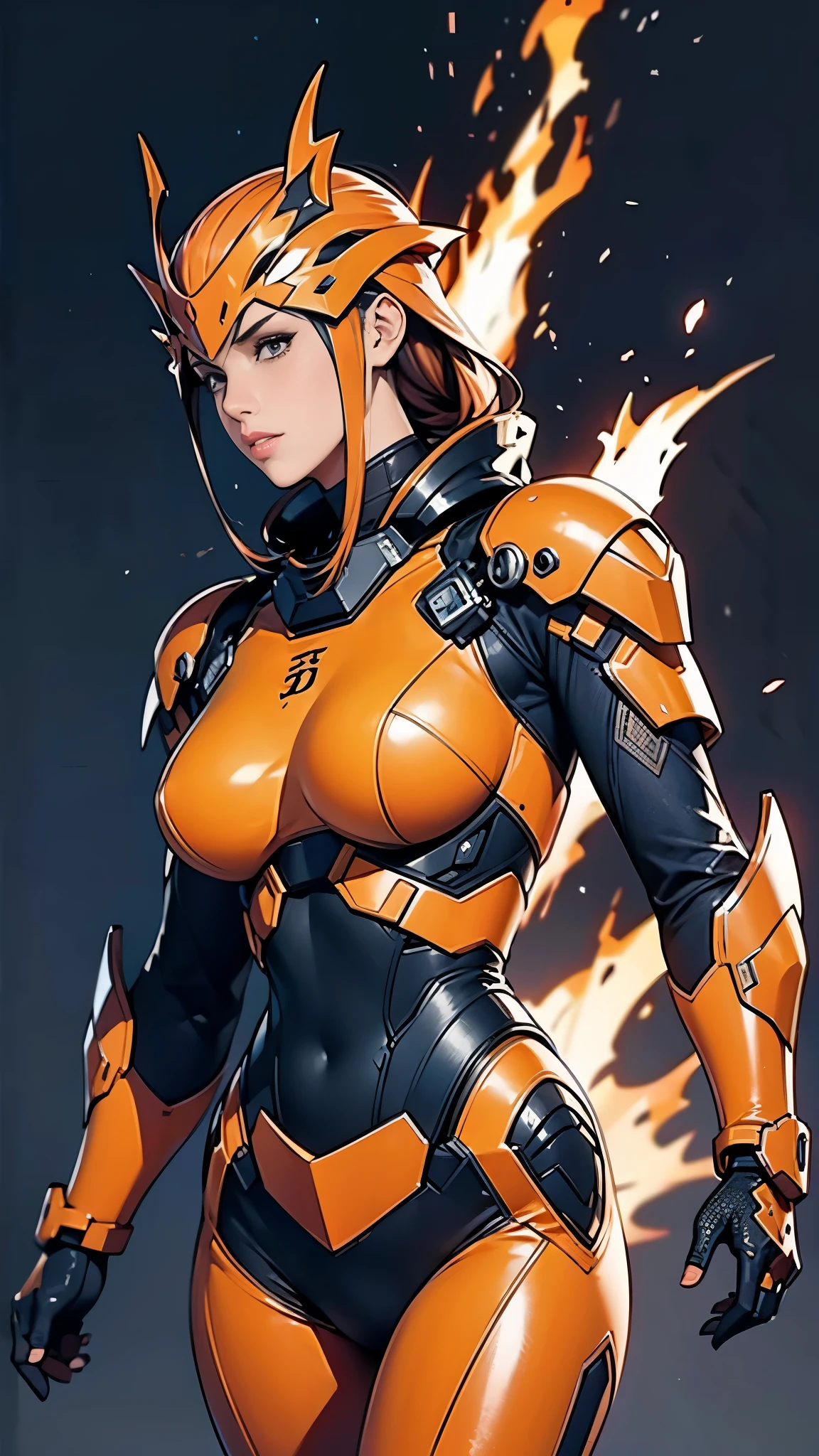 (masterpiece:1.2, Highest quality,High resolution,Very detailed),8K,wallpaper,(Very detailed),(Concept Art),(Armored Core Style),Woman in ninja robot armor,Random hairstyle,(Fire Ninja),(Orange body),(Fine grain:1.3),(Detailed face:1.3),(Detailed body:1.3),((Cowboy Shot)),(((The background is a blazing flame)))