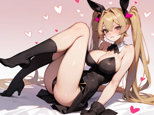 Big Breasts,Confused eyes,Baby Face,Black Bunny,sexy,whole body,,Thin twin tails,Flaxen Hair,Hearts in eyes,Leg spread,stockings