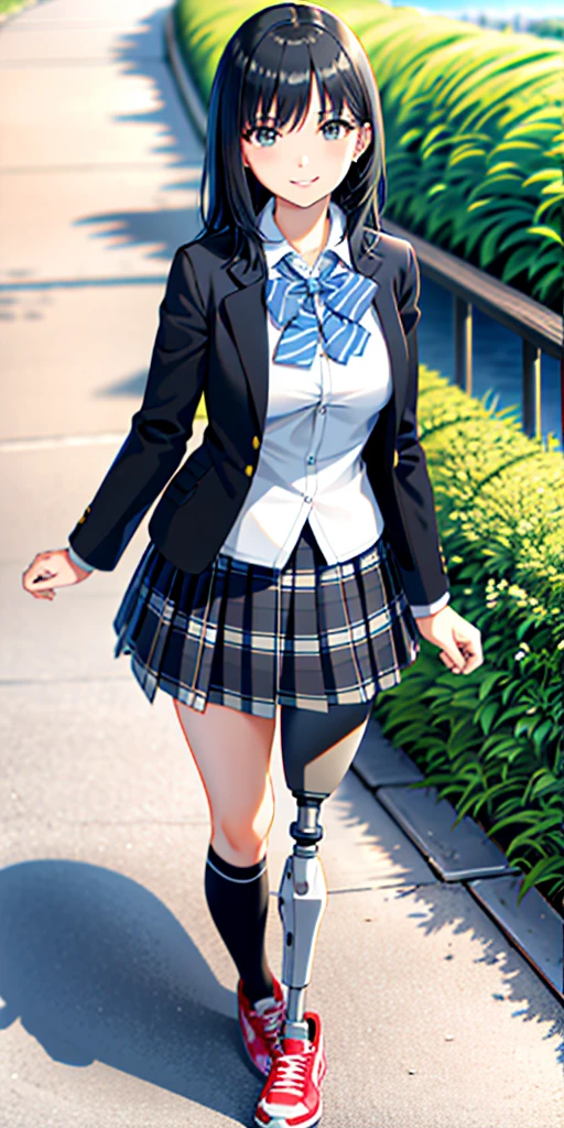 best quality, 1girl, solo, standing, outdoors, medium hair, black hair, straight hair, looking at viewer, medium breasts,  (prosthetic leg:1.2), full body, smiling, (skirt:1.4), sneakers, plaid skirt, blue skirt, Japanese uniform, female uniform. White female uniform, Ayano uniform. 