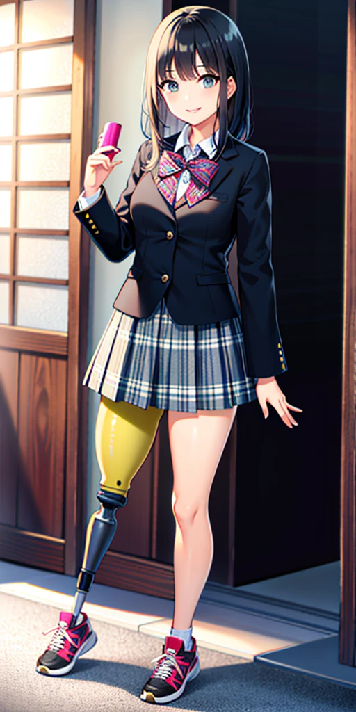 best quality, 1girl, solo, standing, outdoors, medium hair, black hair, straight hair, looking at viewer, medium breasts,  (prosthetic leg:1.2), full body, smiling, (skirt:1.4), sneakers, plaid skirt, blue skirt, Japanese uniform, female uniform. White female uniform, Ayano uniform. 