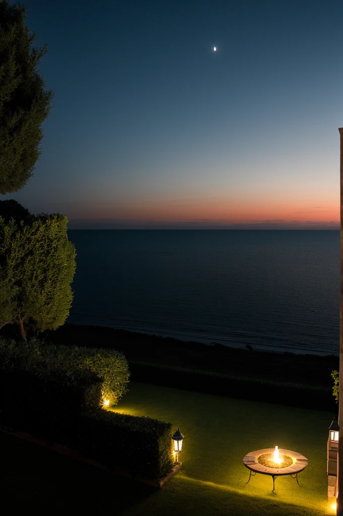 Sea of night,field,View from the villa,Realistic,More realistic,Seaside terrace,8K Ultra HD, Digital SLR, Party Venue,Midnight Sea,View from the terrace,There is no moon in the sky
