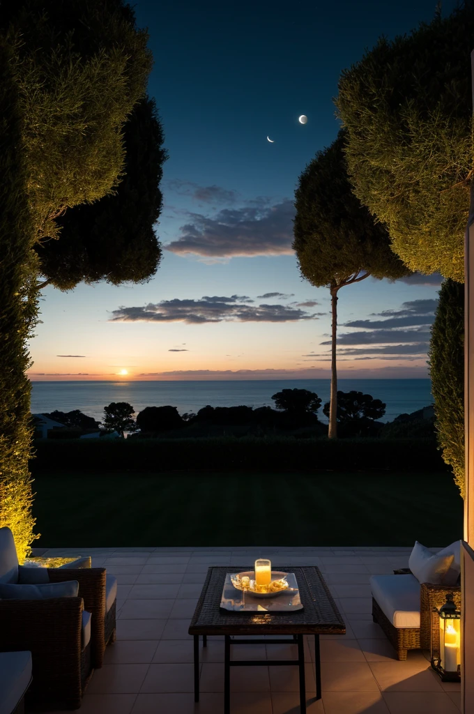 Sea of night,field,View from the villa,Realistic,More realistic,Seaside terrace,8K Ultra HD, Digital SLR, Party Venue,Midnight Sea,View from the terrace,There is no moon in the sky
