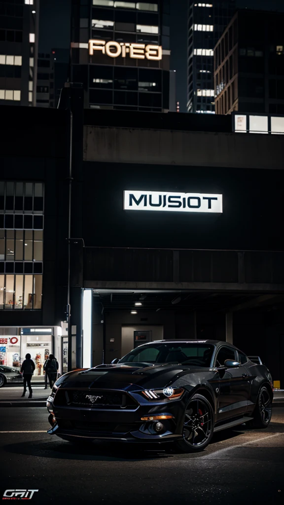Ford Mustang GT color negro, in the city at night, posing on the side