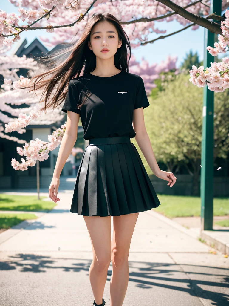 1girl, black skirt, branch, building, chain-link fence, cherry blossoms, fence, long hair, outdoors, petals, pleated skirt, rain, shirt, short sleeves, skirt, solo, standing, tree,
sky,street,Raw, cinematic shot, (sharp focus:1.5), (photorealistic:1.4), twilight lighting, volumetric lighting, ultra high res, 16K,dramatic lighting,