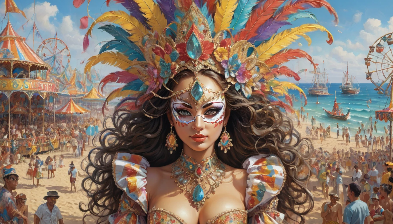 Work in the style of Vladimir Kush, WLOP and James Jean very detailed and intricate image of a naked Caucasian girl with white skin, probably, inspired by steampunk and futuristic themes , image of a Venetian mask with feathers, blue red purple shades of detail , Sacred geometry.Features of Africa, Smooth Lines,glare gold silver. Golden skin. image in format 1:1