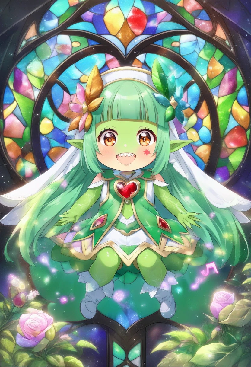 (deep green skin:1.9), (goblin girl),(loli:1.9), kawaii, (baby face:1.1), (little female child:1.8),(loli toddler:1.8),(mini girl:1.7), (4 years old:1.1),small breasts,(evil smile:1.1),super smile,ultra cute face,shiny skin,open mouth,(deep green skin all over the body:1.7),
BREAK
(light green hair:1.2), (blunt bangs:1.3), (hime cut:1.4),(brown eyes:1.6), (long hair:1.3), long straight hair,(sharp teeth),(highlight on eyes:1.1),
BREAK
elf ear,Handmade Anklet,Tribal Jewelry,Scrunchie, Bead Necklace,(Feather Earrings:0.8),wearing boots on feet, wearing lightgreen magical Girl Costumes,(magical effect:1.2), magic circle,colorful background,light particles,light sparkles,crystal light,powder light,dynamicpose,outstretched legs,sitting,
BREAK
(multi-layered flower shaped stained glass), (rose shaped stained glass),(music note effect fused with stained glass),(heart shaped Church windows),nature theme,(Giant stained glass leaf),(Multiple stained glass musical note),Atrium structure,ceiling,tiffany,dust particles,anime,stain glass inspired by leaf mark,nature background