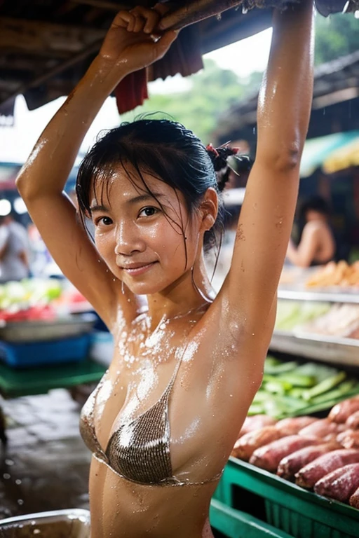 Iconic Thai dishes, a vibrant street food scene with Pad Thai taking center stage, a raining ((water)) bustling market atmosphere with skilled cute messy shirtless female vendor, (wearing sweaty thongs panty underwear white wet dripping pubic hair), wearing black glass, hand behind head raising hand in the air, ((noodle on head)), showing wet dripping armpit water, drenched with sweat, messy hair wet hair, smiling to camera, colorful ingredients on display, noodle and sauces on head, capturing the essence of Thai street gastronomy, Photography, documentary-style shot with a prime lens (50mm), focusing on the dynamic energy of the street food stall, 