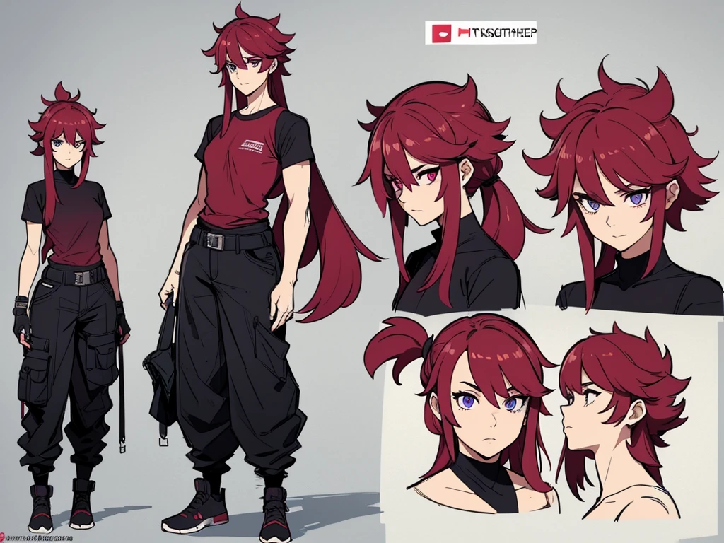 (masterpiece), best quality, high quality art, very detailed texture, super detailed picture high detail texture, high texture detail, super detailed render, hd detailed texture, standing, full body, 1girl, blue eyes, purple eyes in left eyes, red eyes in right eyes, heterochromia eyes, pixiehairstyle hair, messy hair, Red hair, white shirt, black long pants, various expression, front back and side view of character