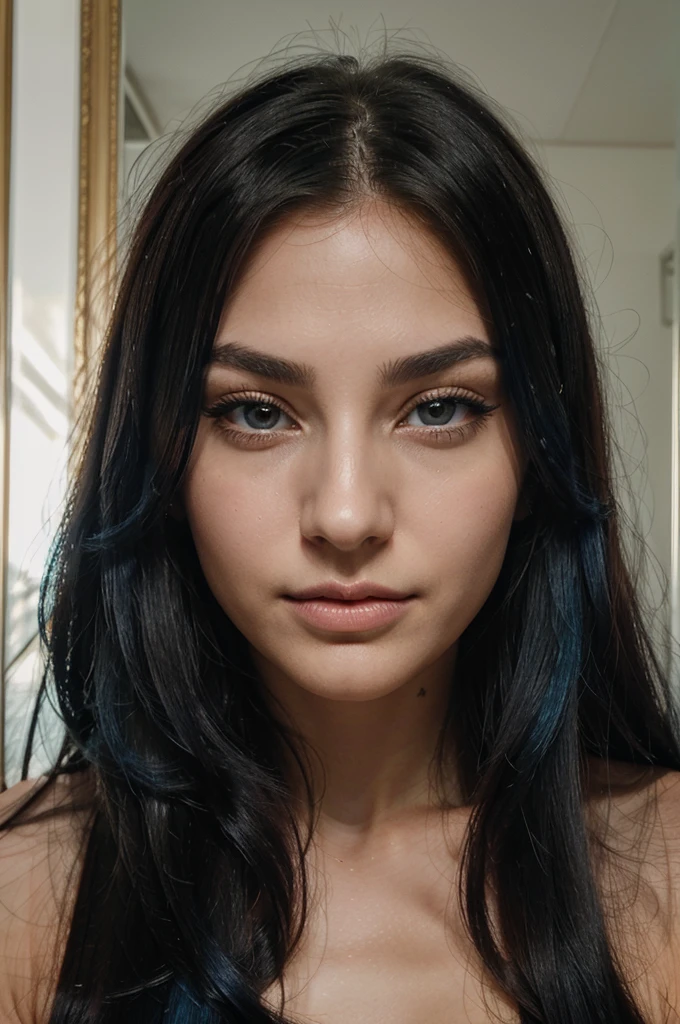 A girl with long blue hair. Her face is exquisite, with high cheekbones and smooth fair skin. Her large black eyes, framed by long thick eyelashes, are impressive and expressive, radiating calmness and confidence. Well-defined eyebrows curve gracefully above her eyes, adding intensity to her gaze. She has a small, straight nose and full, slightly parted lips that curve into a slight smile, revealing hints of mischief and allure. Her sharp jawline gives her face a sophisticated and elegant look. Hyper-realistic photo of a professional model posing for a fashion photoshoot. She is entirely wrapped in transparent film, with tons of flowers under the film covering her skin. The shot is a mid-body shot.