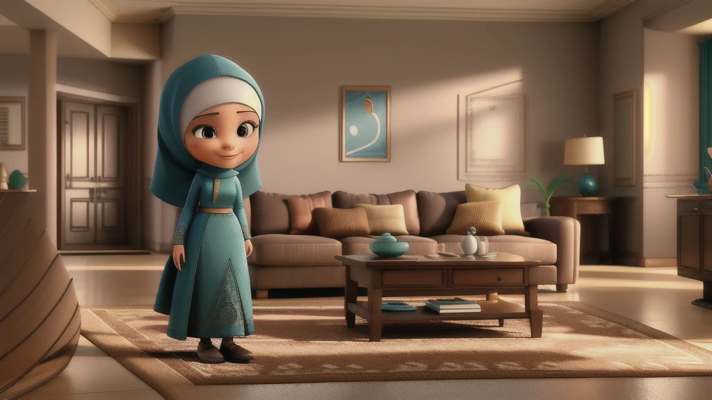 a close-up of a women with a Muslim hijab in her living room, beautiful face, big smile, elegant long modern skirt, (pixarstyle:1.25), natural skin texture, 4k textures, intricate, highly detailed, sharp focus, hyperdetailed 