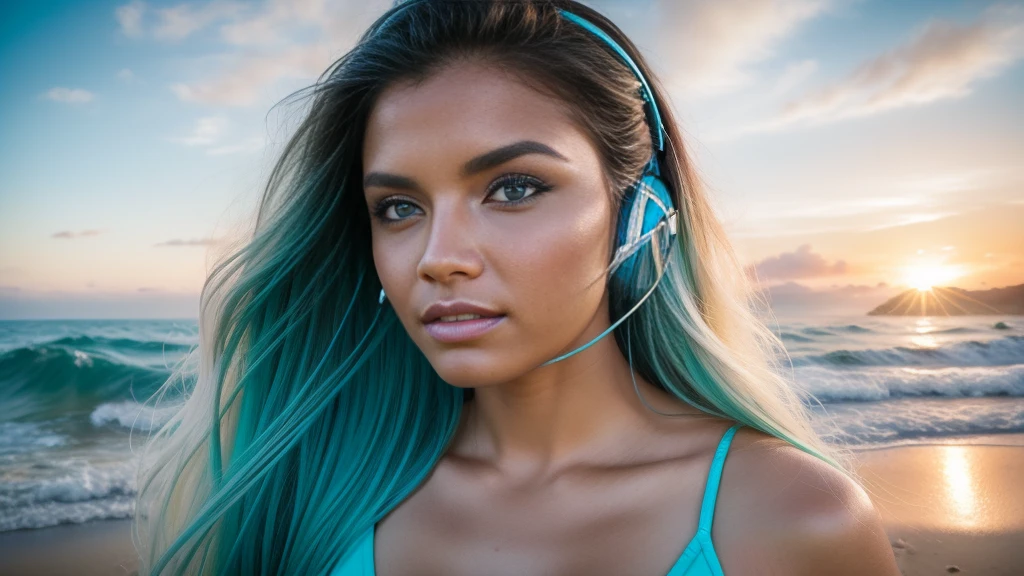 Create a stunning YouTube video thumbnail featuring a beautiful 25-year-old long-haired woman:1. Composition:
- Woman positioned on the right side of the frame, facing slightly to the left
- "I Love Trance" text on the left side
- Tropical beach background Woman's features:
- Long, flowing hair in snow-white color with ethereal blue streaks ,Hair dramatically billowing in the wind
- Striking, expressive eyebrows and long eyelashes
- Elegant, eye-catching makeup
- Wearing futuristic white headphones with neon blue accents,Atmospheric effects:
- Surrounded by a misty aura of blue dust particles
- Gradient of blue and complementary tones in the surrounding mist"I Love Trance" text:Large, volumetric 3D lettering,Vibrant color scheme: gradient from bright carrot orange to deep black,Eastern-inspired calligraphy or decorative elements in the text design,Slightly raised or floating appearance for depth,Background elements:
- Bright, inviting tropical beach scene
- Crystal-clear, turquoise ocean water
- Fine, white sand
- Palm trees swaying gently
- Sky filled with heart-shaped clouds, Lighting and color:Overall warm, golden sunlight washing over the scene,Vibrant, saturated colors throughout
- Subtle lens flare or light leak effect for added atmosphere,Post-processing:
- High contrast for a punchy, eye-catching look
- Slight vignette to draw focus to the center
- Subtle glow around the woman and text for an ethereal feel
8. Additional details:
- Small music notes or sound waves emanating from the headphones
- Faint, colorful energy lines flowing through the image for a sense of movement
- Subtle reflections in the woman's eyes to bring them to life
Aim for a harmonious blend of realism and fantasy, creating an irresistibly attractive and professional-looking thumbnail that captures the essence of trance music and tropical paradise.