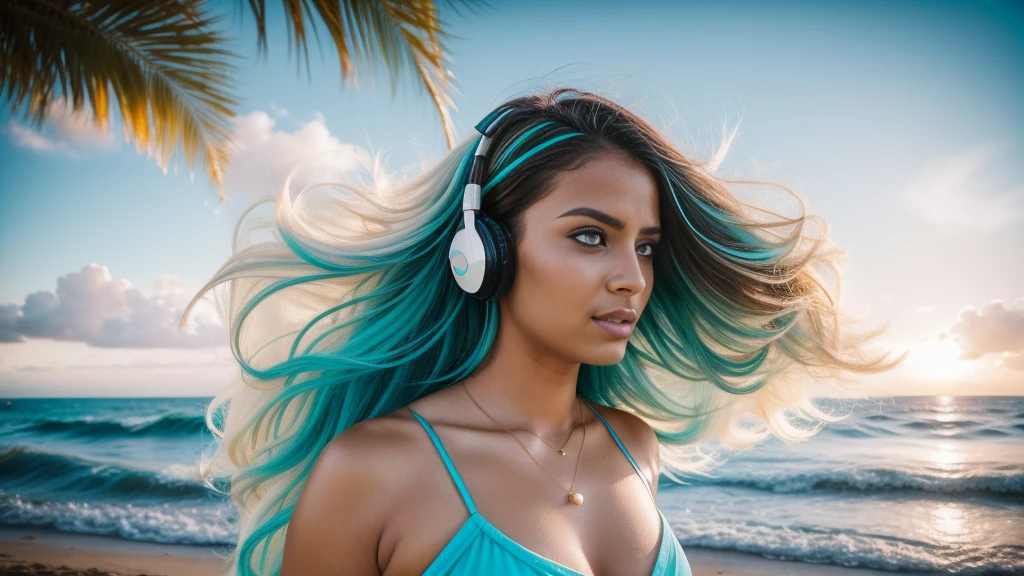 Create a stunning YouTube video thumbnail featuring a beautiful 25-year-old long-haired woman:1. Composition:
   - Woman positioned on the right side of the frame, facing slightly to the left
   - "I Love Trance" text on the left side
   - Tropical beach background Woman's features:
   - Long, flowing hair in snow-white color with ethereal blue streaks ,Hair dramatically billowing in the wind
   - Striking, expressive eyebrows and long eyelashes
   - Elegant, eye-catching makeup
   - Wearing futuristic white headphones with neon blue accents,Atmospheric effects:
   - Surrounded by a misty aura of blue dust particles
   - Gradient of blue and complementary tones in the surrounding mist"I Love Trance" text:Large, volumetric 3D lettering,Vibrant color scheme: gradient from bright carrot orange to deep black,Eastern-inspired calligraphy or decorative elements in the text design,Slightly raised or floating appearance for depth,Background elements:
   - Bright, inviting tropical beach scene
   - Crystal-clear, turquoise ocean water
   - Fine, white sand
   - Palm trees swaying gently
   - Sky filled with heart-shaped clouds, Lighting and color:Overall warm, golden sunlight washing over the scene,Vibrant, saturated colors throughout
   - Subtle lens flare or light leak effect for added atmosphere,Post-processing:
   - High contrast for a punchy, eye-catching look
   - Slight vignette to draw focus to the center
   - Subtle glow around the woman and text for an ethereal feel

8. Additional details:
   - Small music notes or sound waves emanating from the headphones
   - Faint, colorful energy lines flowing through the image for a sense of movement
   - Subtle reflections in the woman's eyes to bring them to life

Aim for a harmonious blend of realism and fantasy, creating an irresistibly attractive and professional-looking thumbnail that captures the essence of trance music and tropical paradise.