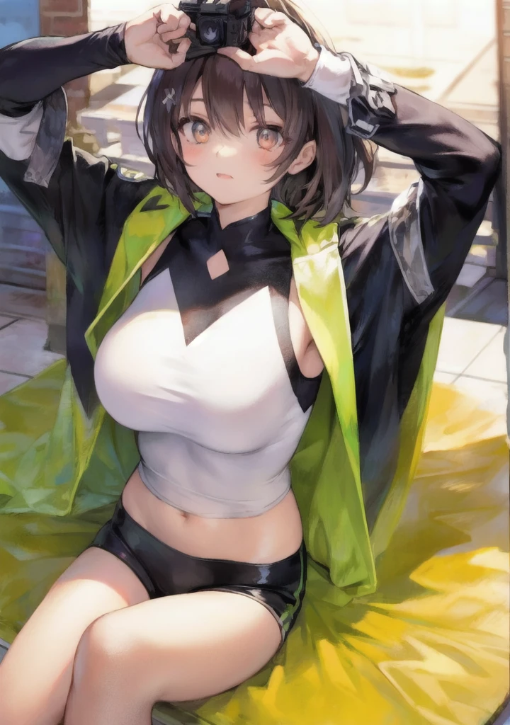 1.5),(girl),(Dynamic pose),Brown Hair,(Vermilion eyes),(first round),Big Breasts,White dress,Yellow coat