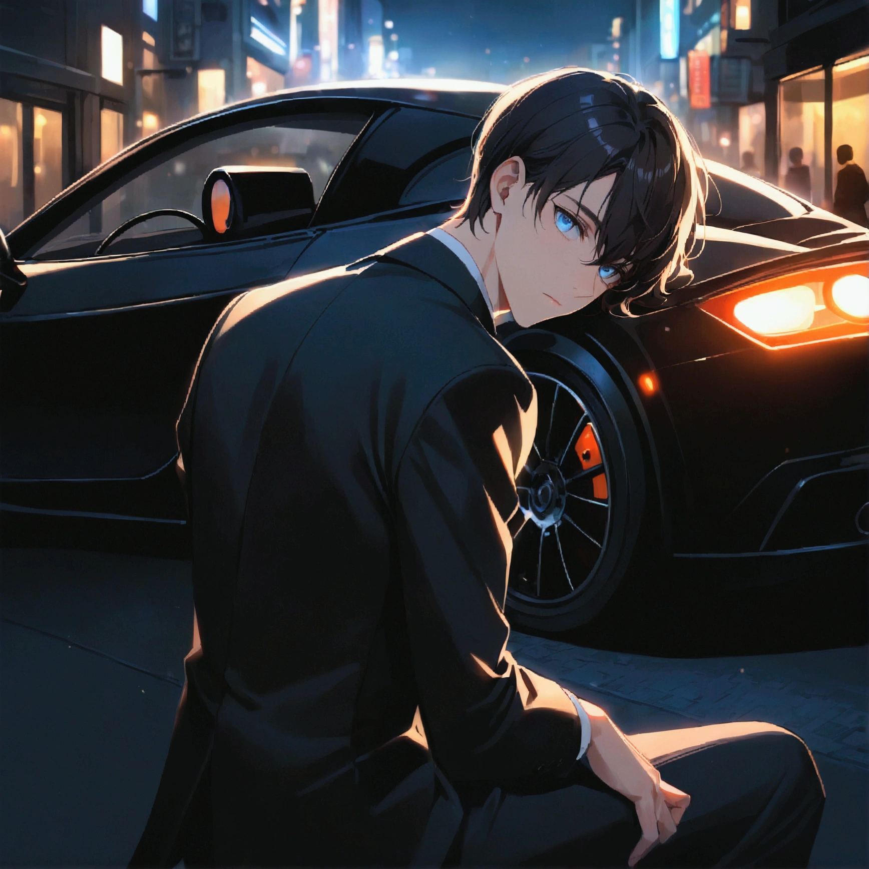 A young man with dark hair and blue eyes in a black suit turned his back and half his face in the middle of the city, leaning on a sports car at night.