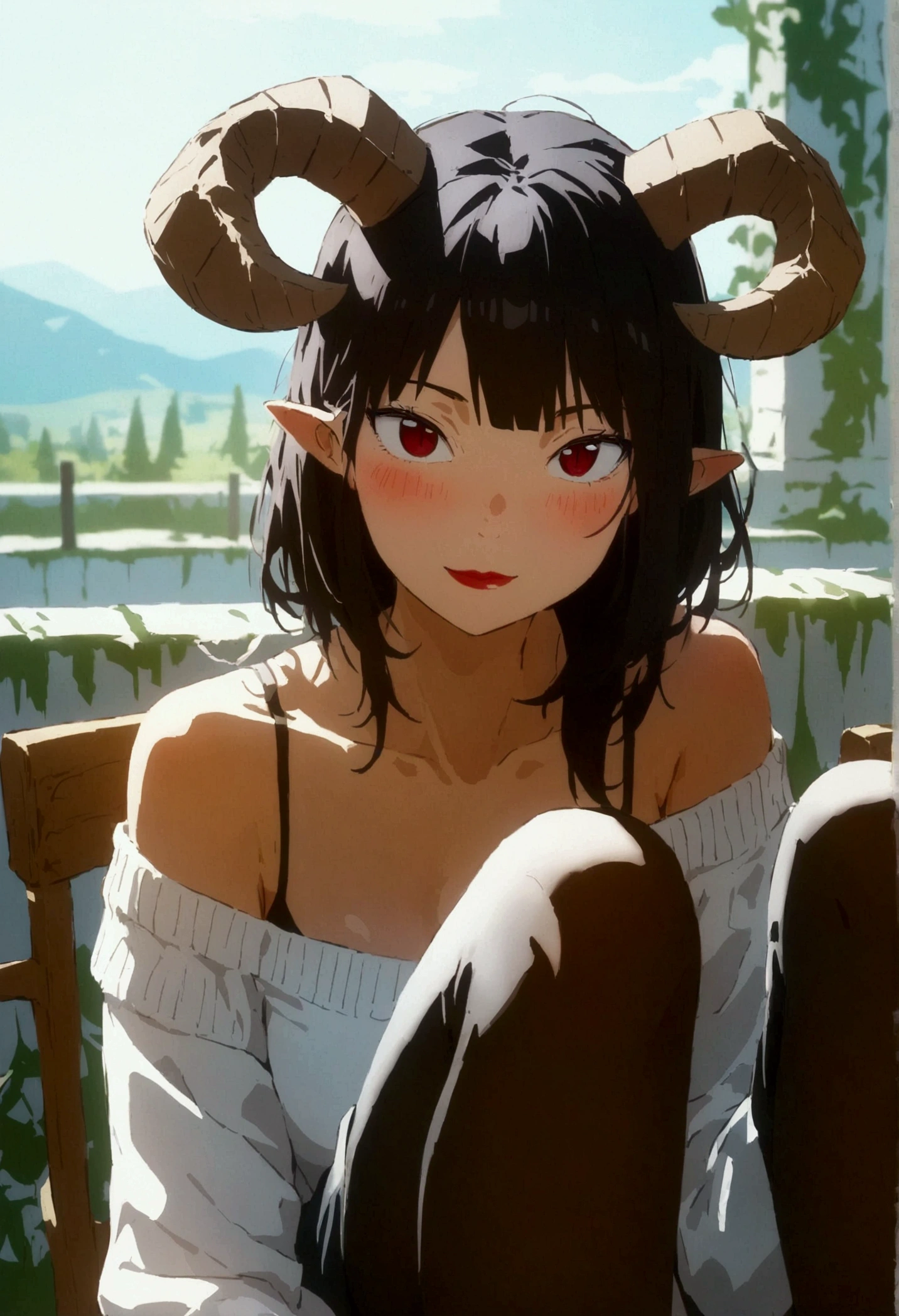 (work of art, ultra detali,high resolution,8K), 1 girl ,standing alone,hinterland,Look to viewer, TochaTortura, trunk,sheen,brunette skin,sitting on a chair,legs crossed,,black socks,horns on head,He would be,face red,blushed,staring overhead,White sweater,panties showing,ssmile