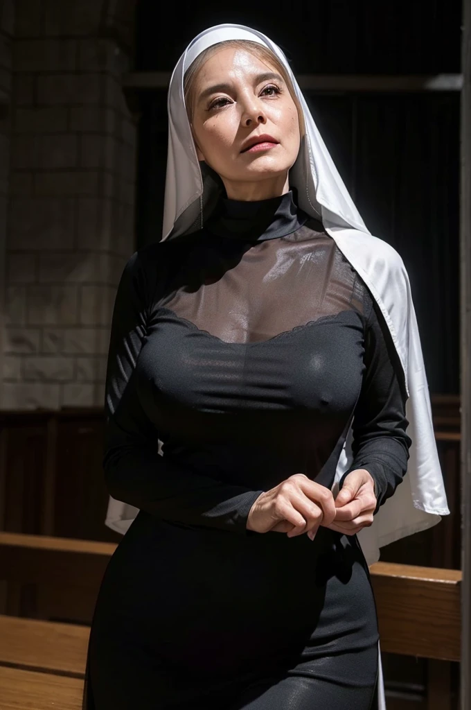 (masterpiece:1.4), (63-year-old woman:1.5), (Facial wrinkles : 1.2), Nasolabial folds, (looking down at viewer : 1.15), (super close-up on breasts from below : 1.15), (breasts view at close range : 1), (smirking : 1.3), (seductive : 1.2),(arrogant :1.15), (captivating eyes :1), pores, dull skin, skin blemishes, motherly mature woman, (long beautiful hair), enormous saggy breasts, plump body, (dressed as a catholic nun), (black clothes), (see-through dress : 1.1), (sheer dress : 1), lace fabric, detailed backgrounds, (old church), (dim atmosphere), gloomy, rosary, cross, dark lighting