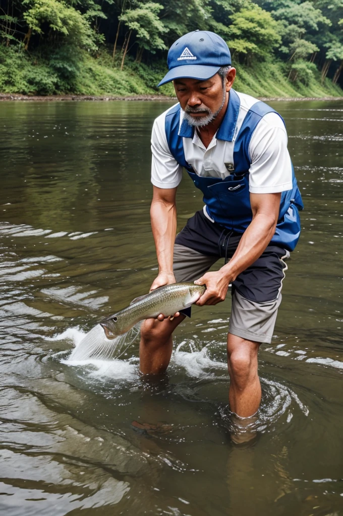 One fisherman fishing in one river and he wear cap
