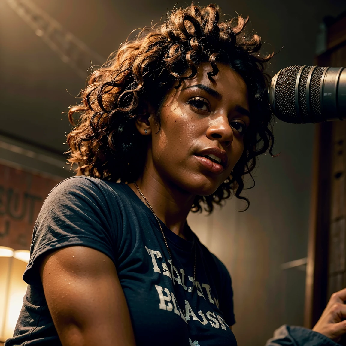 A very hot Black female blues singer singing in a pub, t-shirt, microphone, band playing in background, dramatic lighting, cinematic camera angle, photorealistic, masterpiece, intricate details, vibrant colors, chiaroscuro lighting, moody atmosphere, soulful expression, expressive gestures, smoky stage, vintage aesthetic, low-key lighting, gritty realism, atmospheric environment, dynamic composition