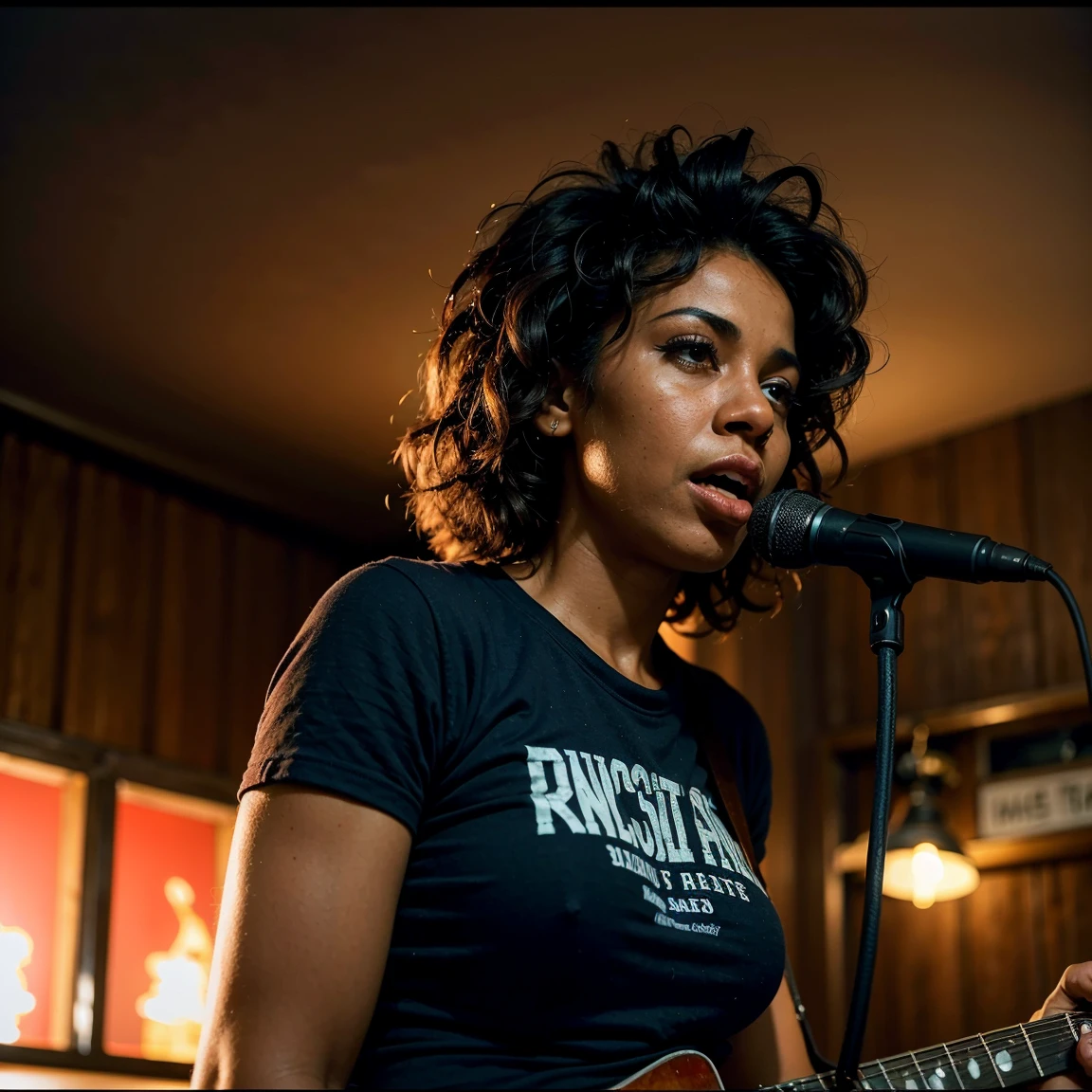 A very hot Black female blues singer singing in a pub, t-shirt, microphone, band playing in background, dramatic lighting, cinematic camera angle, photorealistic, masterpiece, intricate details, vibrant colors, chiaroscuro lighting, moody atmosphere, soulful expression, expressive gestures, smoky stage, vintage aesthetic, low-key lighting, gritty realism, atmospheric environment, dynamic composition