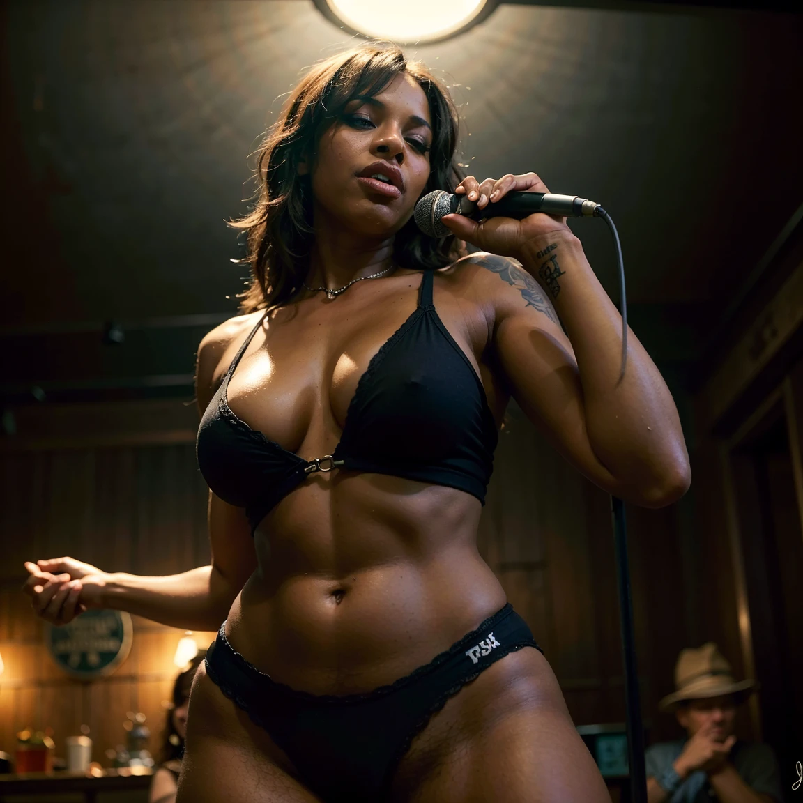 A very hot Black female blues singer singing in a pub, t-shirt, microphone, band playing in background, dramatic lighting, cinematic camera angle, photorealistic, masterpiece, intricate details, vibrant colors, chiaroscuro lighting, moody atmosphere, soulful expression, expressive gestures, smoky stage, vintage aesthetic, low-key lighting, gritty realism, atmospheric environment, dynamic composition