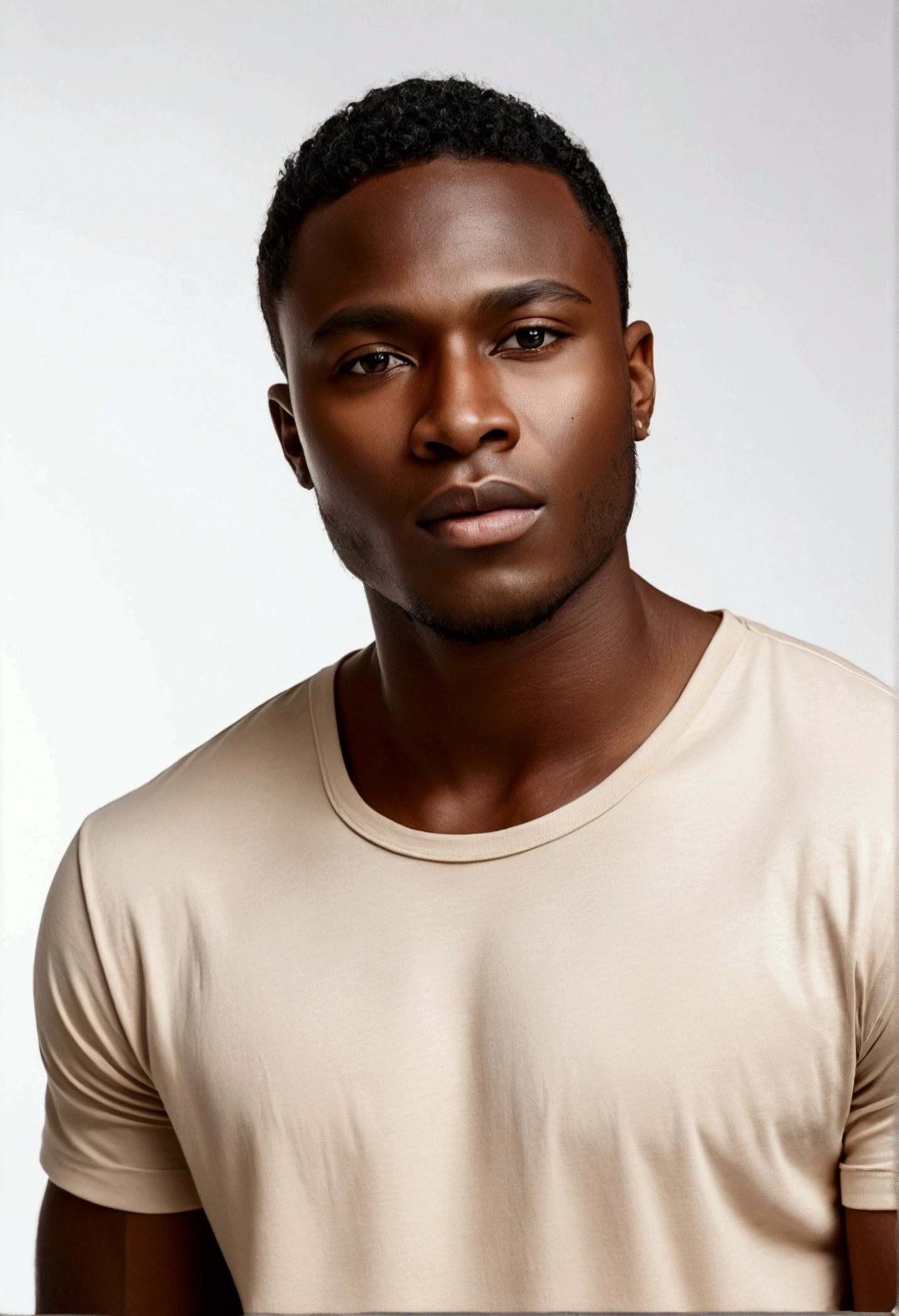 make a young dark-skinned man up to his neck wearing a looser light beige t-shirt, A realistic photo, on a white studio background, the front part.