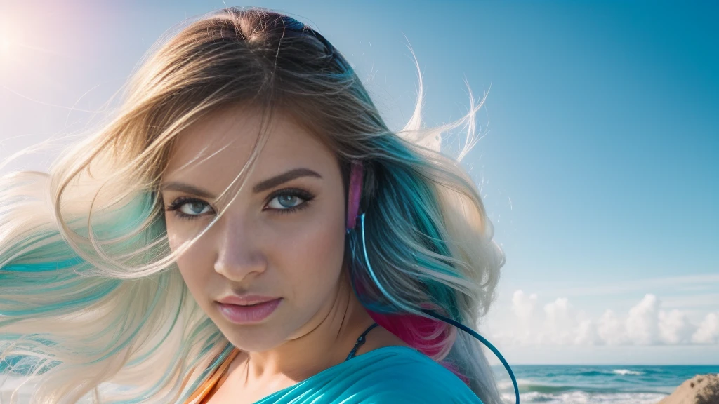 Create a stunning YouTube video thumbnail featuring a beautiful 25-year-old long-haired woman:1. Composition:
- Woman positioned on the right side of the frame, facing slightly to the left
- Tropical beach background Woman's features:
- Long, flowing hair in snow-white color with ethereal blue streaks ,Hair dramatically billowing in the wind
- Striking, expressive eyebrows and long eyelashes
- Elegant, eye-catching makeup
- Wearing futuristic white headphones with neon blue accents,Atmospheric effects:
- Surrounded by a misty aura of blue dust particles
- Gradient of blue and complementary tones in the surrounding mist:Large, volumetric 3D lettering,Vibrant color scheme: gradient from bright carrot orange to deep black,Eastern-inspired calligraphy or decorative elements in the text design,Slightly raised or floating appearance for depth,Background elements:
- Bright, inviting tropical beach scene
- Crystal-clear, turquoise ocean water
- Fine, white sand
- Palm trees swaying gently
- Sky filled with heart-shaped clouds, Lighting and color:Overall warm, golden sunlight washing over the scene,Vibrant, saturated colors throughout
- Subtle lens flare or light leak effect for added atmosphere,Post-processing:
- High contrast for a punchy, eye-catching look
- Slight vignette to draw focus to the center
- Subtle glow around the woman and text for an ethereal feel
8. Additional details:
- Small music notes or sound waves emanating from the headphones
- Faint, colorful energy lines flowing through the image for a sense of movement
- Subtle reflections in the woman's eyes to bring them to life
Aim for a harmonious blend of realism and fantasy, creating an irresistibly attractive and professional-looking thumbnail that captures the essence of trance music and tropical paradise.