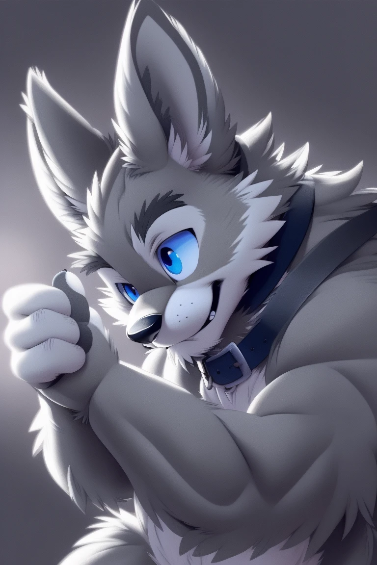 Gray Wolf, (Full grey fur:1.5), Solitary, Perfect sky blue eyes, collar, (artist:Takemoto Arashi), Look at the audience, Cute face, Simple background, Naughty face, Flash, Long eyelashes, Naughty face, Reach out, from the side, Tonality, Standing picture, best quality, Ultra HD, Super Detail, High Detail