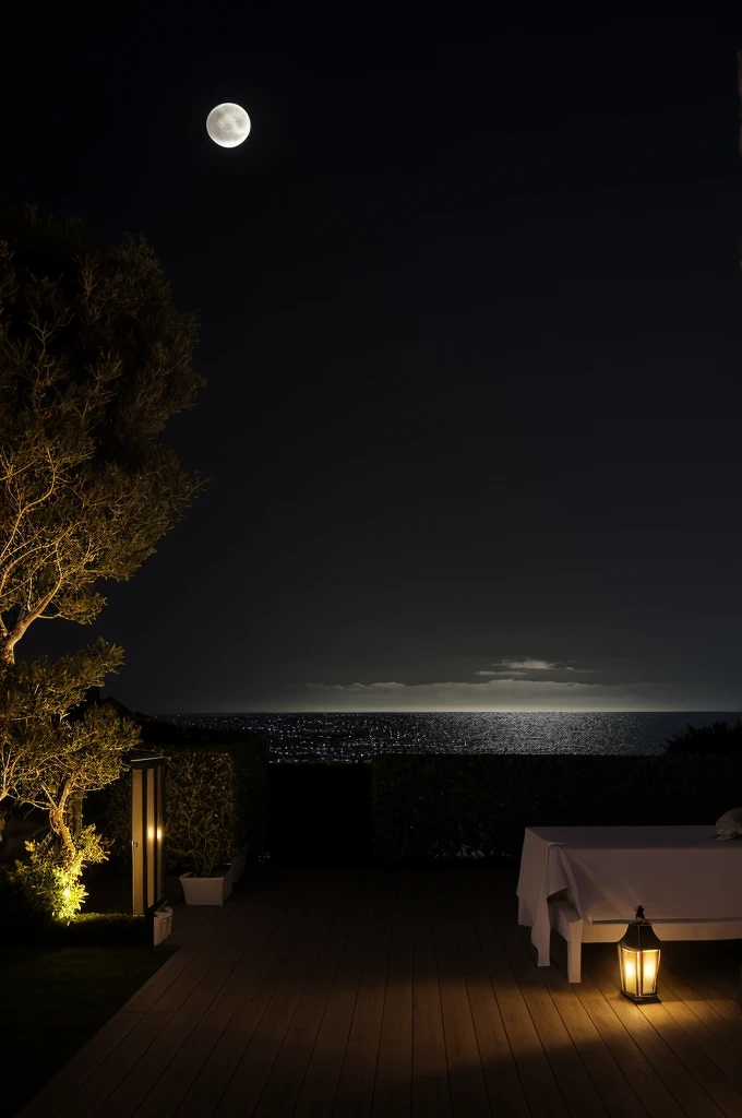 Sea of night,field,the sky is pitch black,No moon,View from the villa,Realistic,More realistic,Seaside terrace,8K Ultra HD, Digital SLR, Party Venue,Midnight Sea,View from the terrace,空にNo moon
