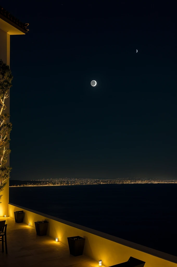 Sea of night,field,the sky is pitch black,No moon,View from the villa,Realistic,More realistic,Seaside terrace,8K Ultra HD, Digital SLR, Party Venue,Midnight Sea,View from the terrace,空にNo moon
