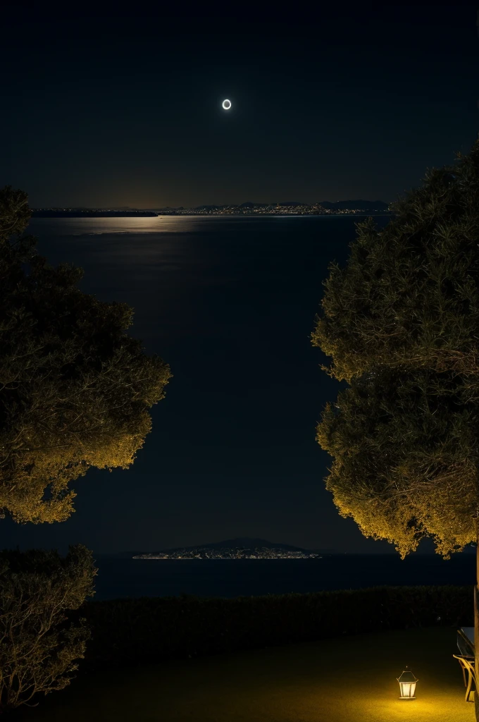 Sea of night,field,the sky is pitch black,No moon,View from the villa,Realistic,More realistic,Seaside terrace,8K Ultra HD, Digital SLR, Party Venue,Midnight Sea,View from the terrace,空にNo moon
