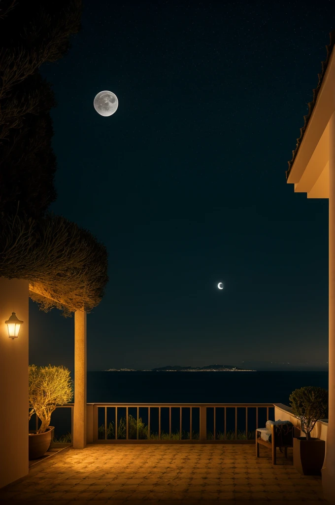 Sea of night,field,the sky is pitch black,No moon,View from the villa,Realistic,More realistic,Seaside terrace,8K Ultra HD, Digital SLR, Party Venue,Midnight Sea,View from the terrace,空にNo moon
