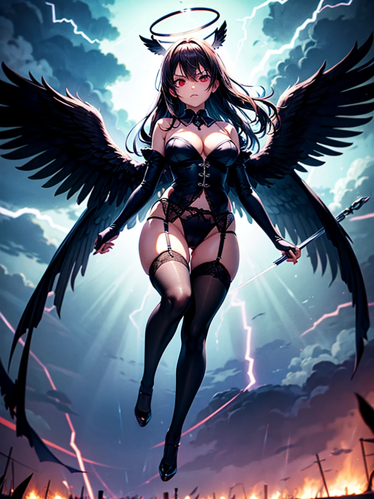 Highest quality,Highest Resolution,Beautiful girl with angry face in gothic lolita leotard,High leg,(((Floating in the air))),Halo,Night Sky,Severe lightning strike,Thick Lightning,Very beautiful red eyes,rain,(((Black angel wings on the back))),whole body,front,Purple long hair,In hand１with two big spears,Knee-high stockings,garter belt,Floating in the air,darkness,